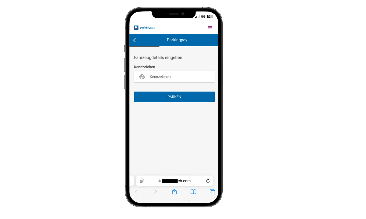 Ein Smartphone zeigt eine geöffnete App namens Parkingpay. Auf dem Bildschirm kann man Fahrzeugdetails eingeben und parken.