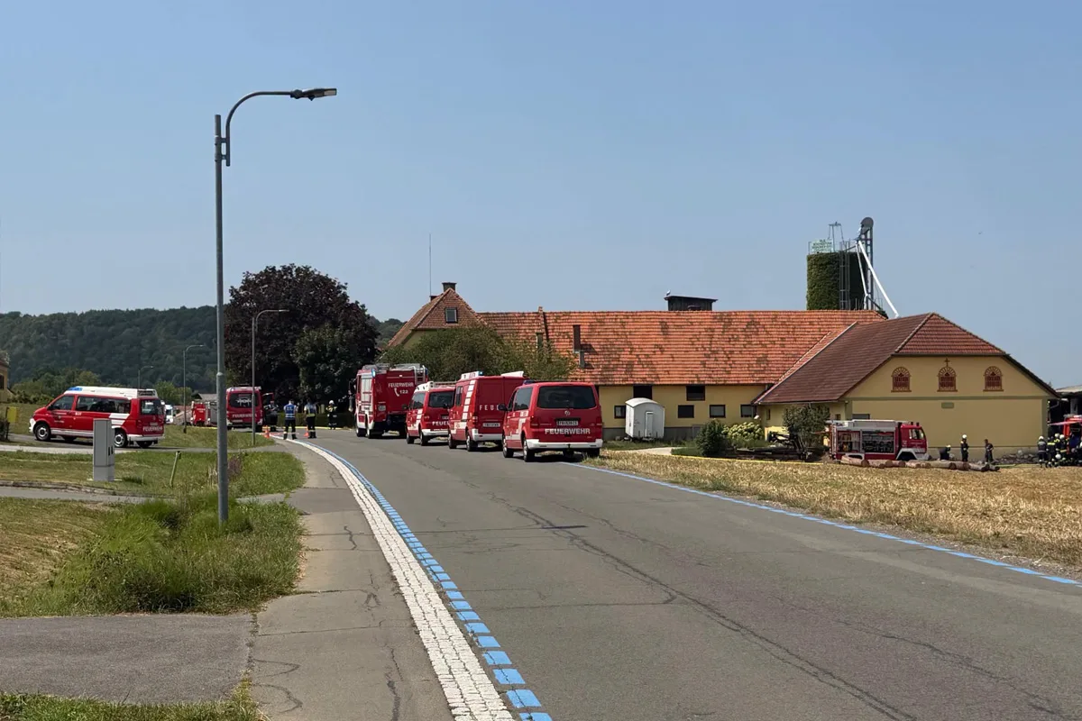 Mehrere rote Feuerwehrfahrzeuge stehen auf einer Landstraße neben einem größeren Gebäude mit roten Ziegeldächern. Feuerwehrleute sind in der Nähe sichtbar.