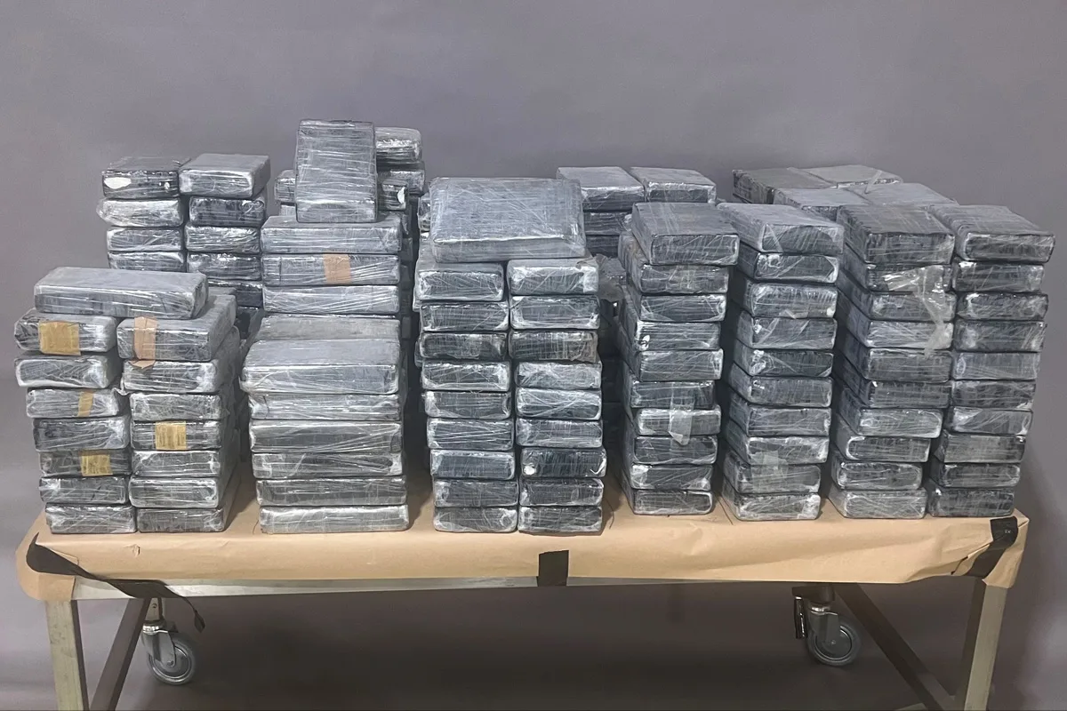 Mehrere rechteckige Pakete, in Plastikfolie eingewickelt, sind auf einem Tisch in einem Raum gestapelt. Die Pakete variieren leicht in Größe und Form.