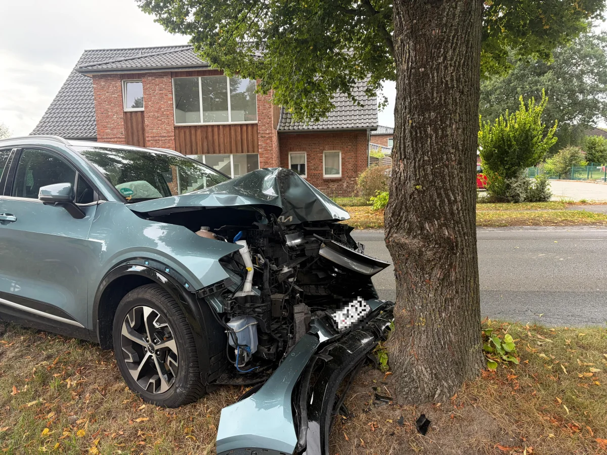 Ein SUV mit einer zertrümmerten Front steht auf einer Straße und ist gegen einen Baum geprallt. Im Hintergrund ist ein Wohnhaus sichtbar.