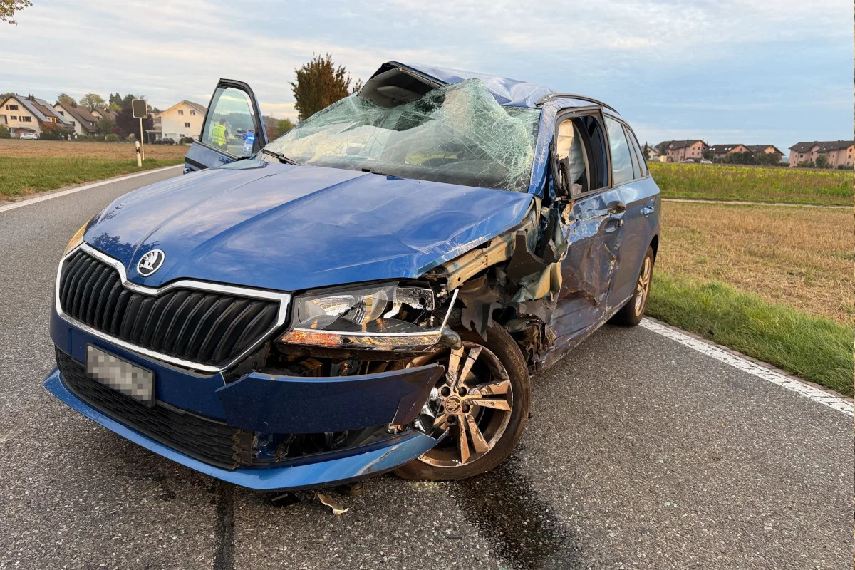Ein blauer Skoda mit stark beschädigter Front steht auf einer Landstraße. Der Vorderreifen ist geplatzt und die Windschutzscheibe zersprungen.