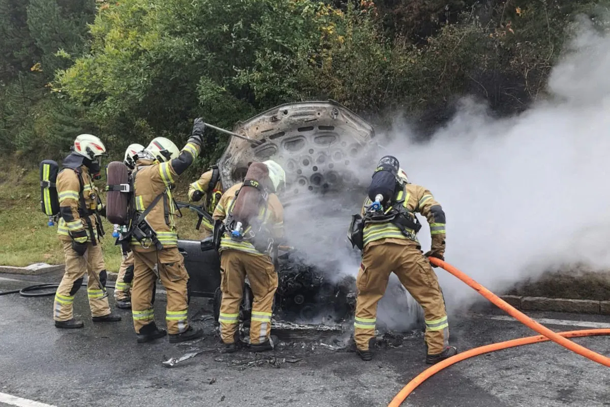 Mehrere Feuerwehrleute in Schutzkleidung löschen ein brennendes Fahrzeug am Straßenrand mit Schläuchen und Wasser. Dichte Rauchwolken steigen auf.