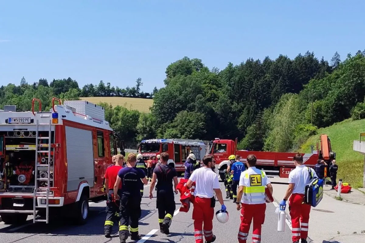 Feuerwehrleute und Rettungskräfte stehen bei mehreren Einsatzfahrzeugen auf einer ländlichen Straße. Im Hintergrund sind Wälder und Wiesen zu sehen.