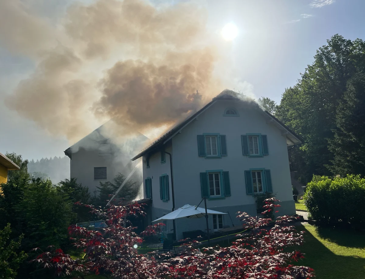 Ein freistehendes Wohnhaus, aus dem dichte Rauchwolken aufsteigen. Das Bild zeigt auch die umliegende Vegetation im Sonnenlicht.