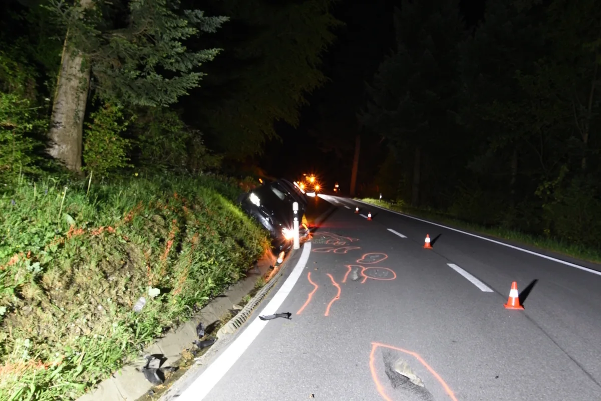 Ein Auto ist in einen Straßengraben gerutscht, während orangefarbene Verkehrskegel und Markierungen die Unfallstelle absichern. Es ist Nacht, und die Straße ist von Bäumen umgeben.