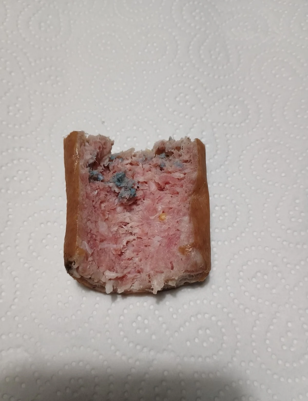 Ein teilweise gegessenes Stück einer wurstartigen Substanz liegt auf einem weißen Papierhandtuch mit Prägung. Die Wurst hat innen eine leicht rosa Farbe und dunkle Verfärbungen.