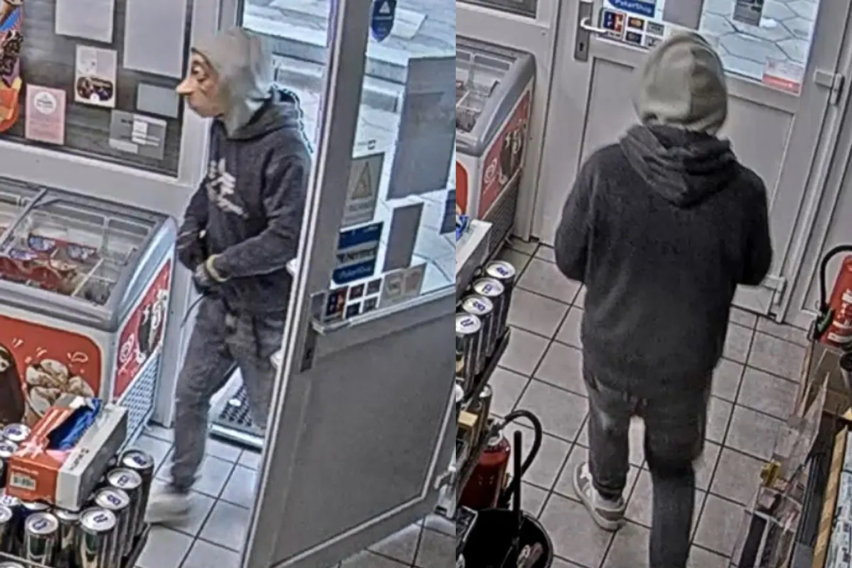 Die Bilder zeigen eine Person mit grauem Hoodie, die in einem Geschäft steht. Die Aufnahme stammt von einer Überwachungskamera.