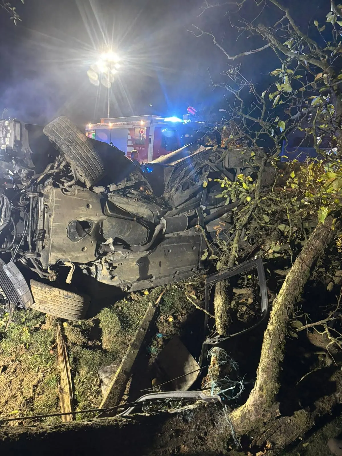 Ein Auto liegt nachts auf der Seite in einem Baum, während im Hintergrund ein Feuerwehrfahrzeug mit eingeschaltetem Blaulicht zu sehen ist.