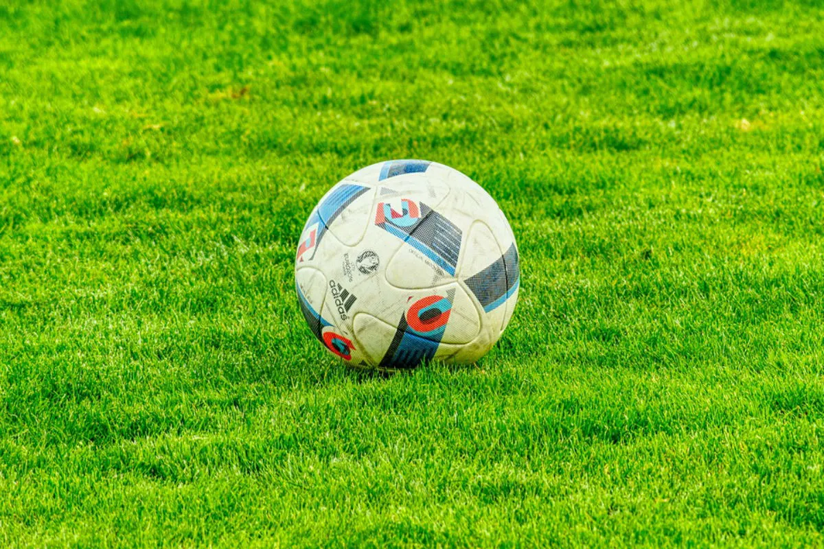Ein einzelner Fußball mit blauen und roten Mustern liegt zentral auf einer reichhaltig grünen Rasenfläche. Das Bild zeigt keine Menschen oder andere Objekte.