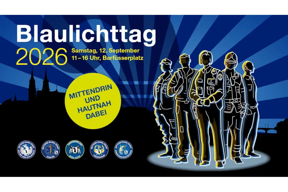 Zu sehen ist eine gezeichnete Gruppe uniformierter Einsatzkräfte vor einem blauen Hintergrund mit Textinformationen zu einem Event.