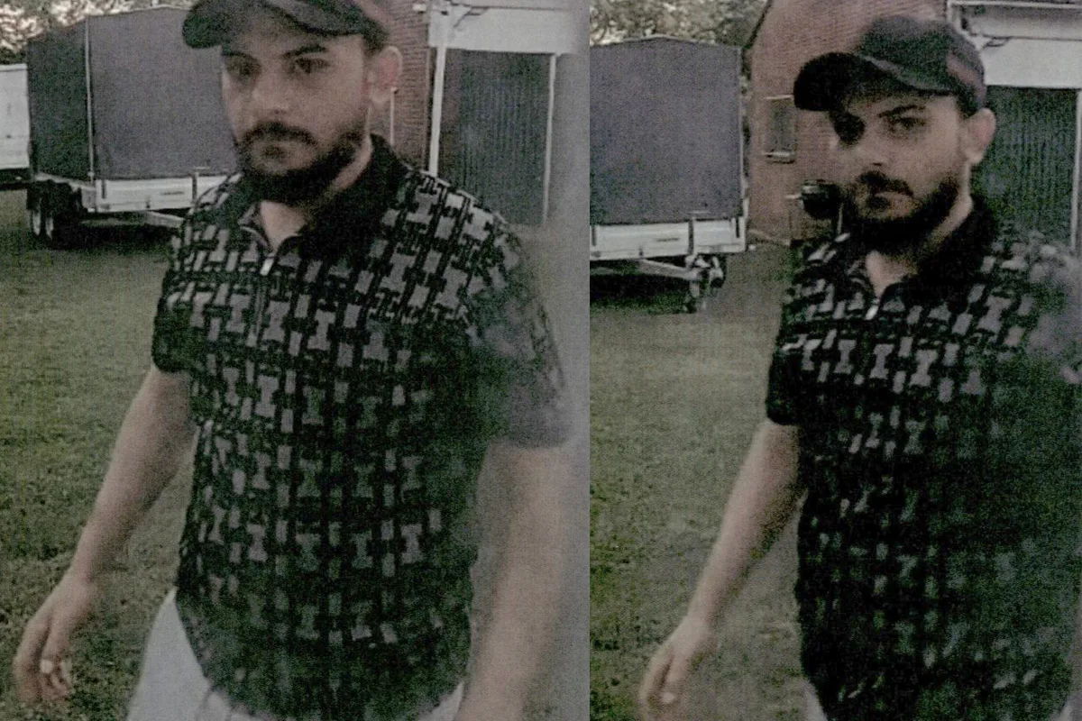 Zwei Bilder zeigen denselben Mann mit Bart und Kappe, der vor einem Anhänger im Freien steht.