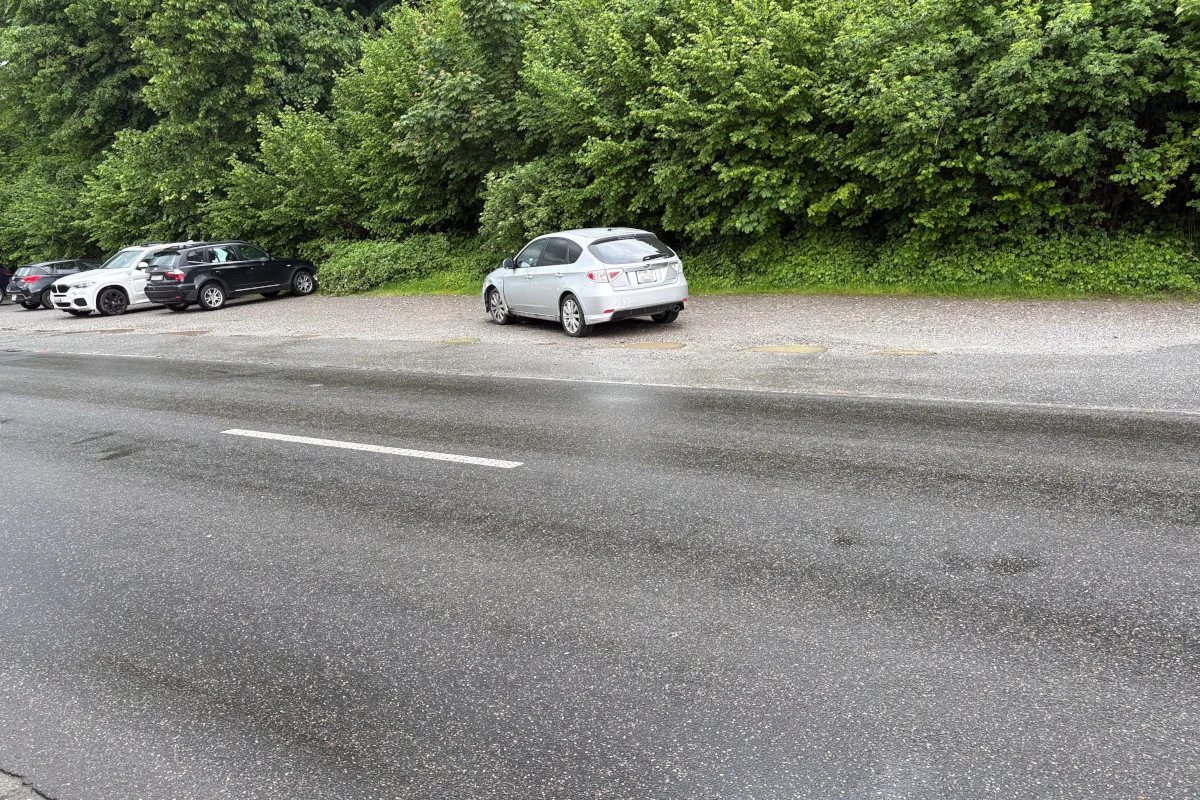 Ein silbernes Auto parkt auf einem Kiesplatz neben einer asphaltierten Straße. Im Hintergrund ist eine grüne Hecke zu sehen.