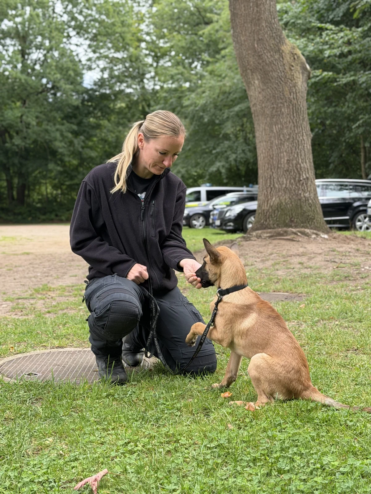 Eine Frau in schwarzer Polizeibekleidung kniet auf einer Wiese und interagiert mit einem jungen Hund im Vordergrund; im Hintergrund sind Bäume und Fahrzeuge sichtbar.