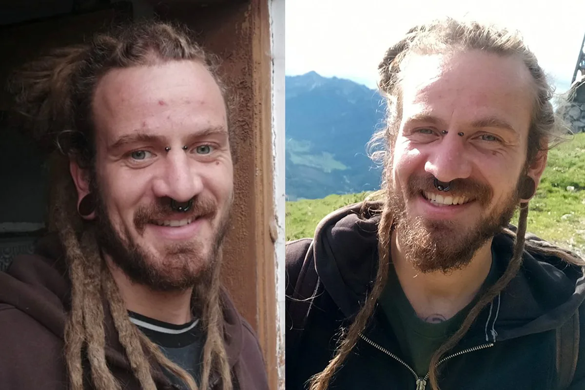 Zwei Fotos eines Mannes mit Dreadlocks und Piercings; eines in Innenraum, das andere in einer Berglandschaft.