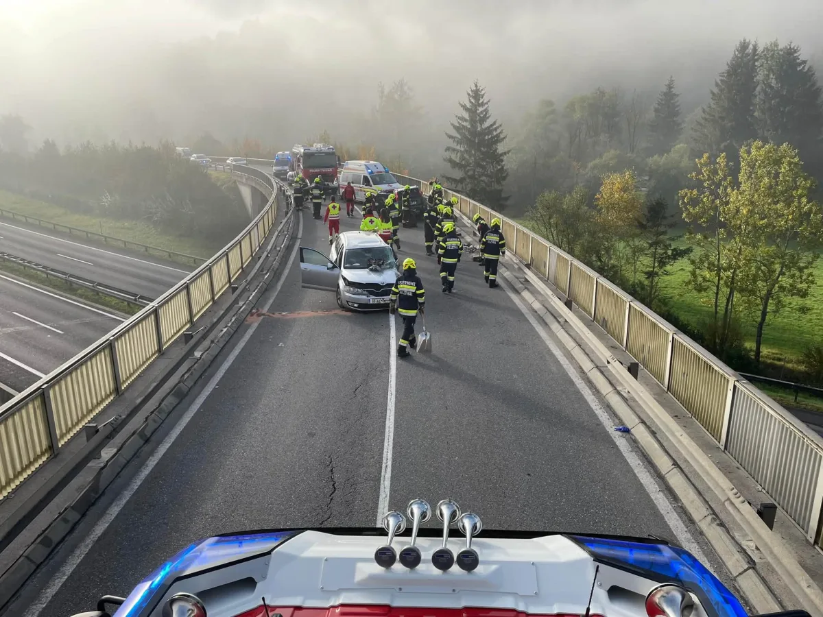 Mehrere Einsatzkräfte stehen auf einer Brücke um einen Unfallwagen, während Rettungsfahrzeuge im Hintergrund zu sehen sind.