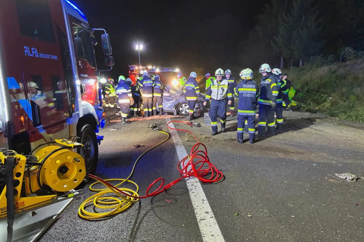 Mehrere Feuerwehrleute in Schutzkleidung arbeiten an einem verunfallten Auto auf einer nächtlichen Straße. Ein Einsatzfahrzeug mit Schläuchen ist sichtbar.