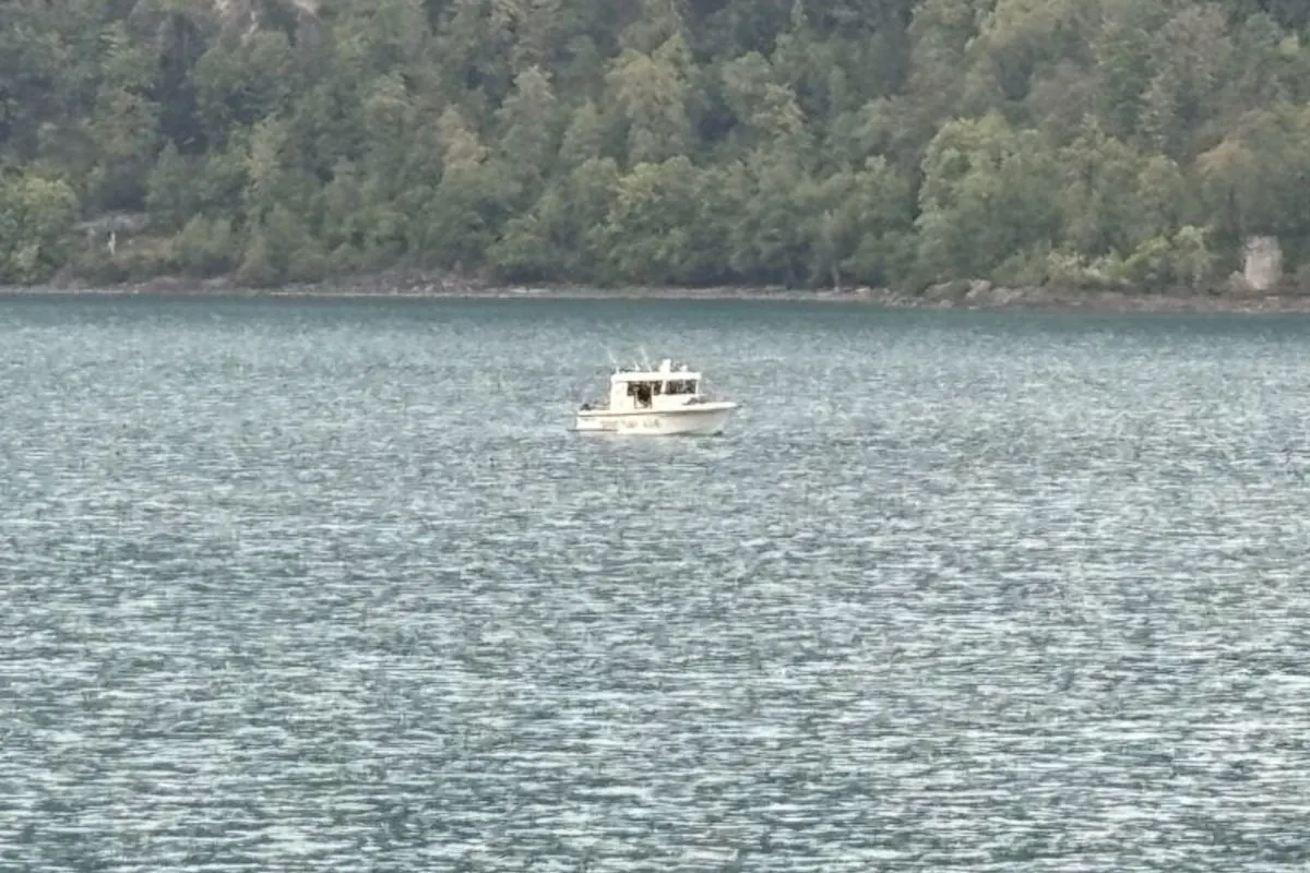Ein Boot befindet sich auf einem großen See, umgeben von dicht bewaldeten Hügeln im Hintergrund. Der Himmel ist nicht zu sehen.