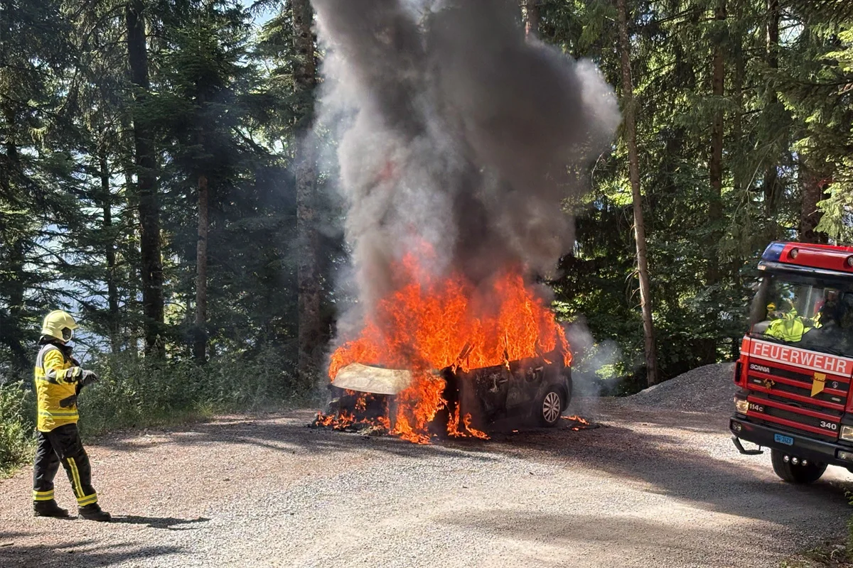 Ein Fahrzeug steht in Flammen auf einem Waldweg, während ein Feuerwehrmann in Schutzkleidung in der Nähe steht. Ein Feuerwehrwagen ist rechts im Bild zu sehen.