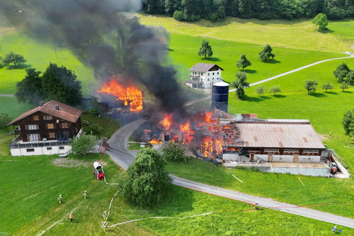 Ein landwirtschaftliches Gebäude steht in Flammen, mit dichter Rauchentwicklung. Feuerwehrleute sind auf einer grünen Wiese im Einsatz.