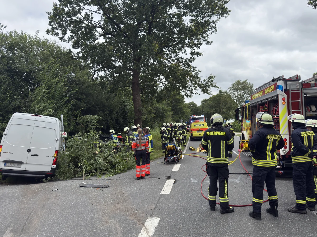 Rettungskräfte der Feuerwehr arbeiten an einem Unfallort mit einem weißen Lieferwagen, der in das Gebüsch geraten ist, während Feuerwehrfahrzeuge und ein Notarztwagen bereitstehen.
