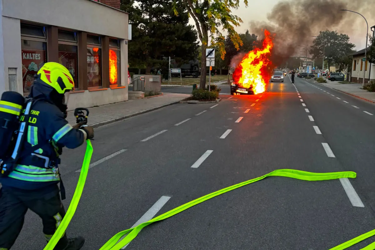 Ein Feuerwehrmann mit Atemschutz und Schlauch steht vor einem brennenden Auto, das auf einer Straße in Flammen steht.