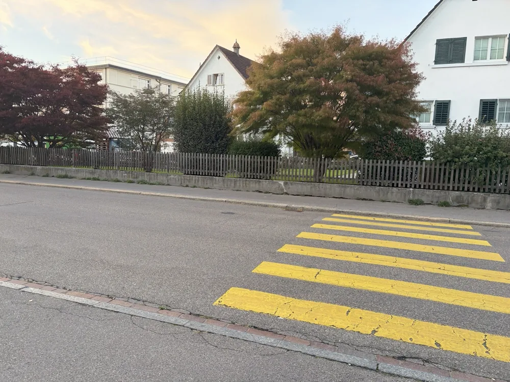 Ein Zebrastreifen führt über eine Straße in einem Wohngebiet. Dahinter sind Häuser mit Gärten und Bäumen zu sehen.