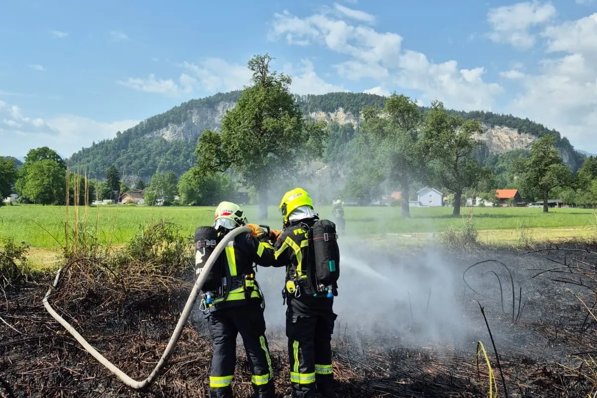 Zwei Feuerwehrleute in Schutzkleidung spritzen Wasser auf einen brennenden Bereich einer Wiese. Berge und Häuser sind im Hintergrund sichtbar.