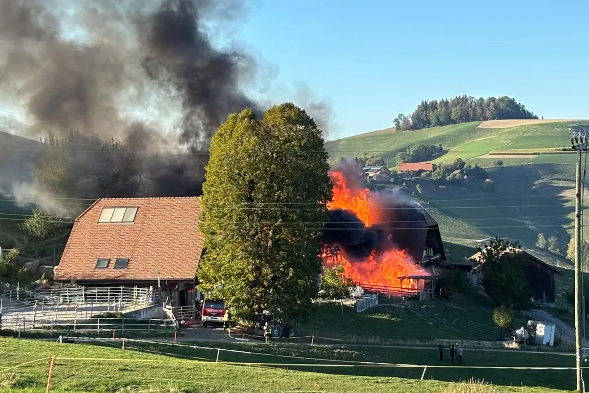 Ein Bauernhof steht in Flammen, aus der Scheune steigt dichter, schwarzer Rauch auf, auf dem Land gelegen.
