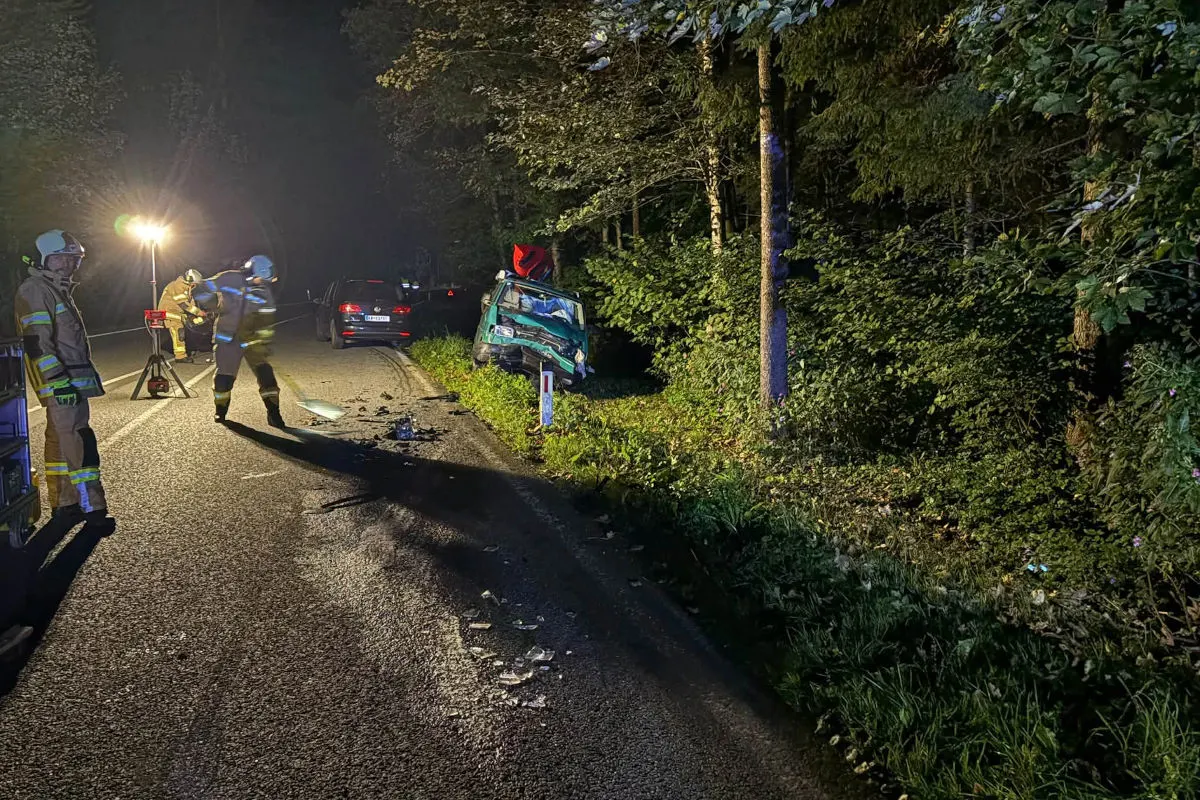 Ein Auto ist bei Nacht von der Straße abgekommen und in eine Böschung gefahren; Feuerwehrleute arbeiten an der Unfallstelle.