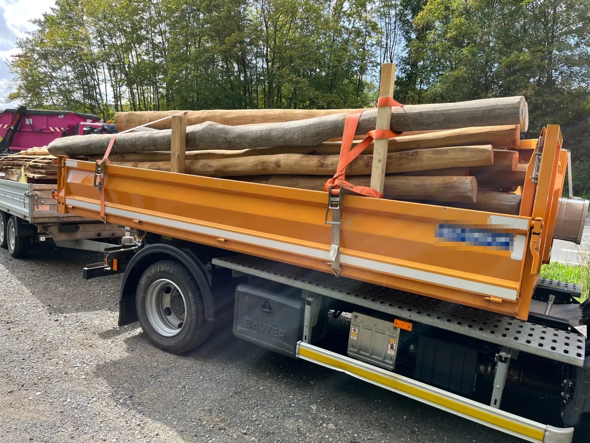 Ein orangefarbener Anhänger, beladen mit Holzstämmen, steht auf einem Parkplatz an einem bewaldeten Bereich.