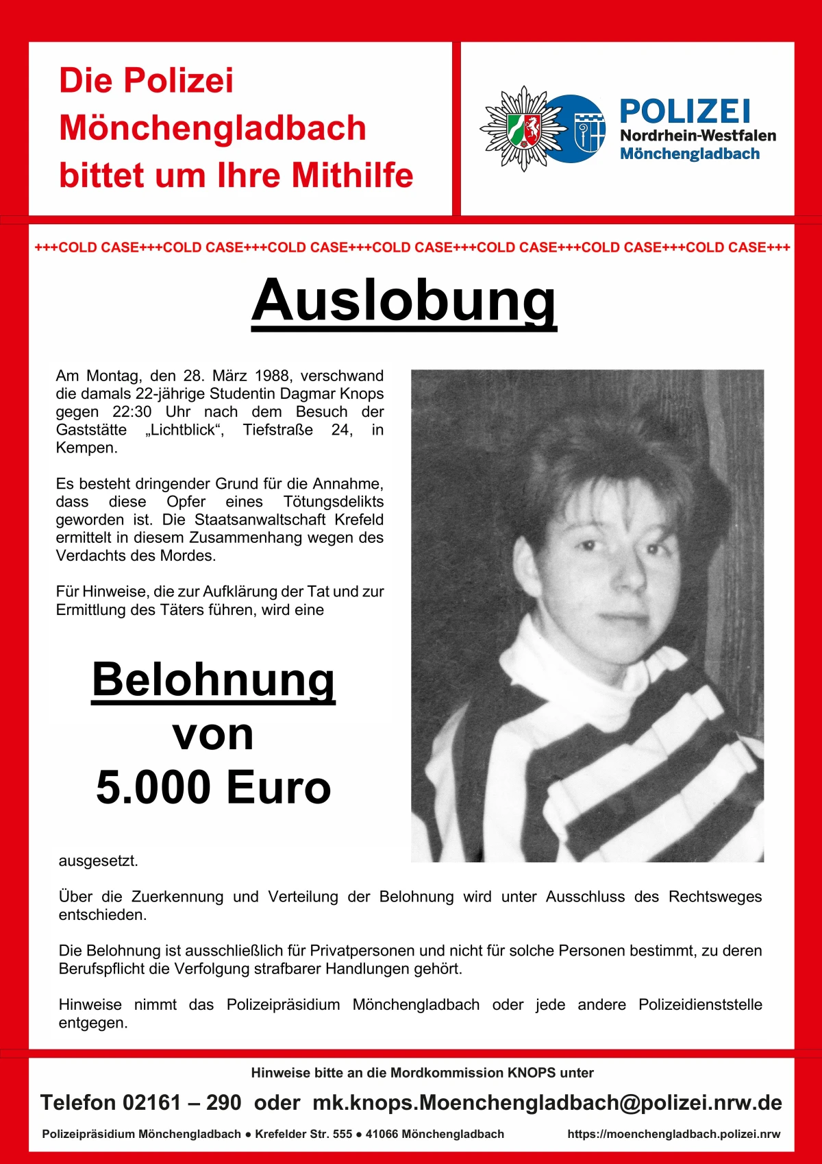 Fahndungsplakat mit Informationen und Belohnung zur Aufklärung des Verschwindens von Dagmar Knops, 1988.