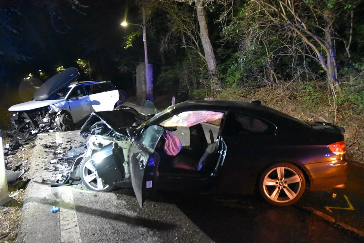 Die Szene zeigt zwei Fahrzeuge, die nach einem schweren Zusammenstoß stark beschädigt sind. Es ist Nacht, und die Lichter der Straße erleuchten die Unfallstelle, die sich auf einer von Bäumen gesäumten Landstraße befindet.