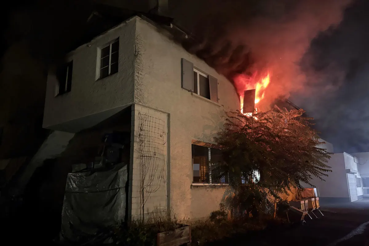Aus einem Fenster im oberen Stockwerk eines Hauses schlagen nachts Flammen. Ein Baum ist im Vordergrund sichtbar.