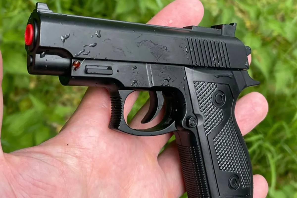 Eine Hand hält eine schwarze Spielzeugpistole, die Detailstruktur ist sichtbar. Im Hintergrund sind unscharfe grüne Blätter zu sehen.
