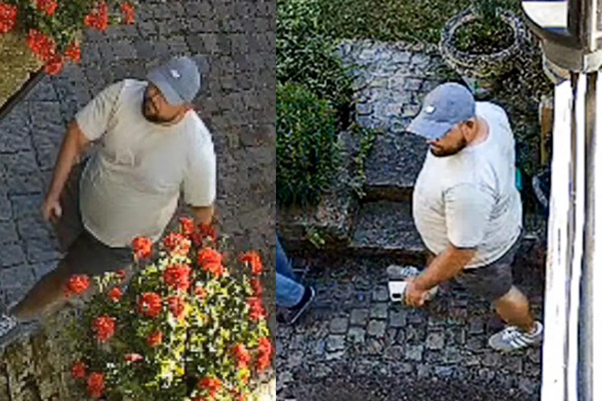 Zwei Bilder eines Mannes mit weißem T-Shirt und blauer Mütze, beim Gehen auf einem gepflasterten Weg aufgenommen.