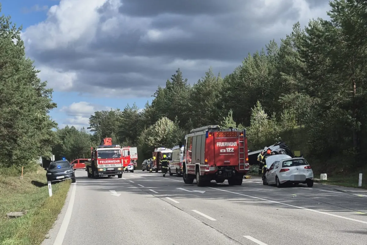 Feuerwehrfahrzeuge und Unfallfahrzeuge stehen auf einer zweispurigen Landstraße, umgeben von Bäumen.