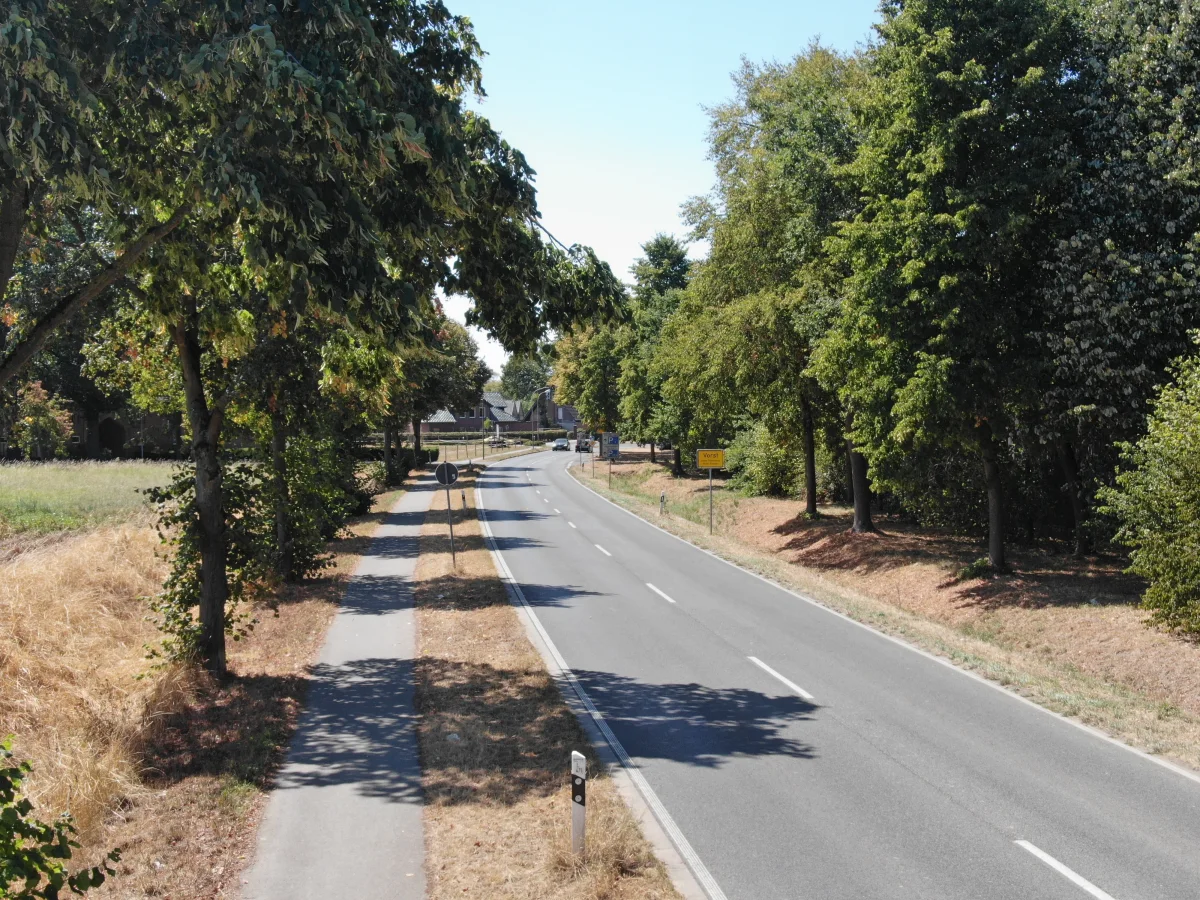 Eine leere Landstraße führt durch eine waldige Gegend. Links befindet sich ein Gehweg; es ist tagsüber bei klarem Wetter.