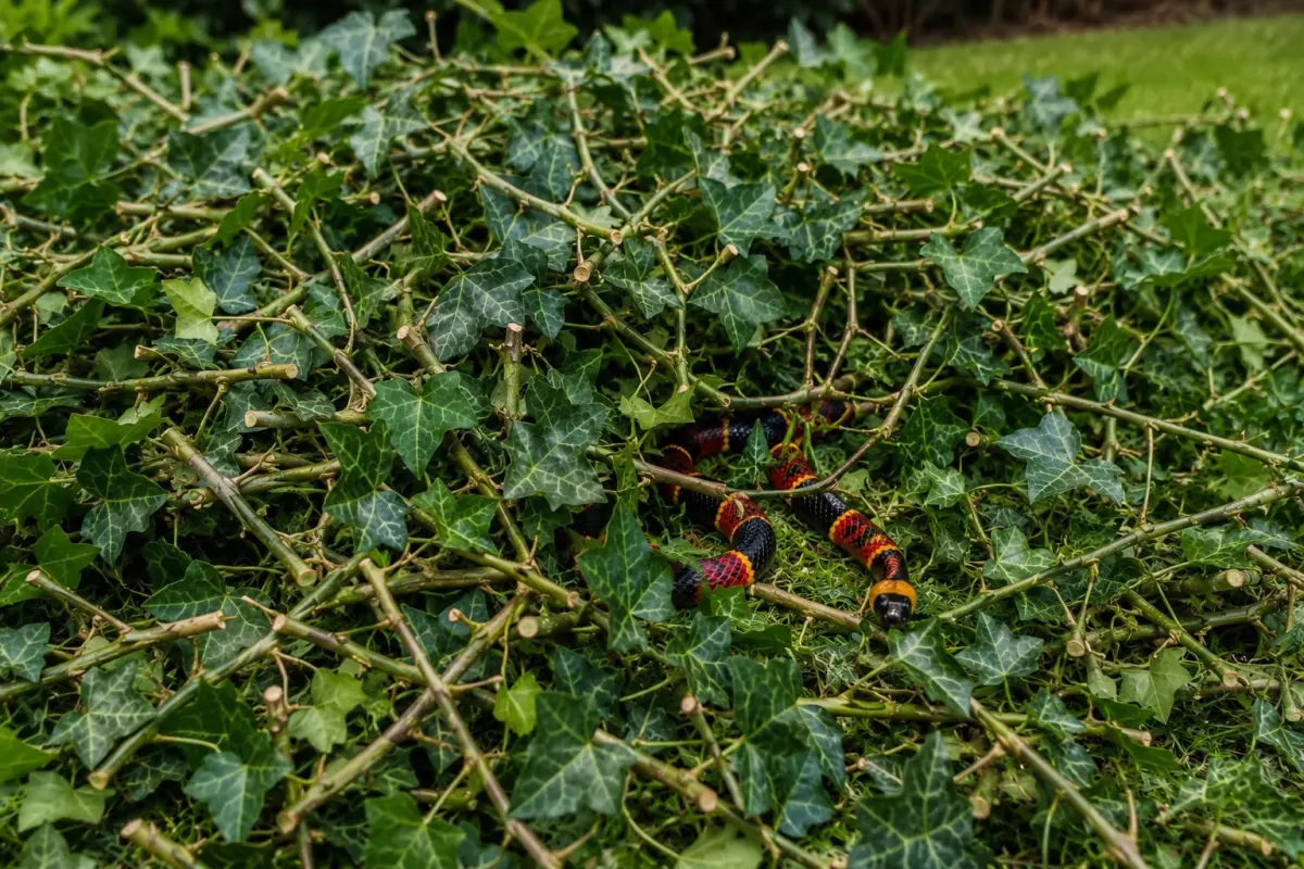 Eine bunt gefärbte Schlange schlängelt sich durch einen Stapel Efeuzweige, der auf einer Wiese liegt.