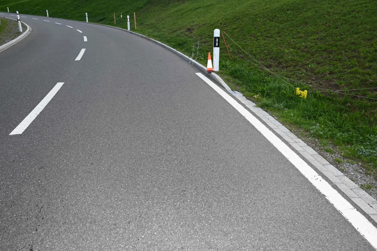 Eine asphaltierte Straße führt in eine Kurve, am rechten Rand steht ein Verkehrspylon auf einer grünen Wiese.