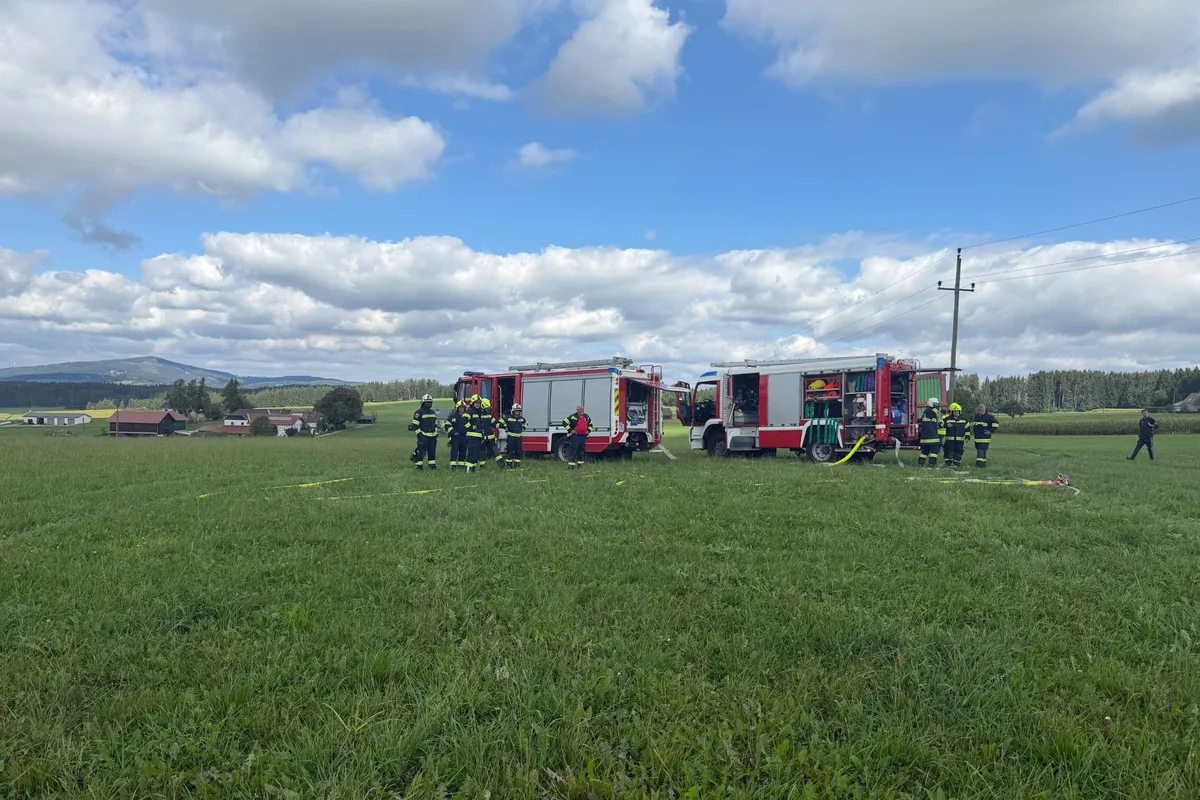 Zwei Feuerwehrfahrzeuge stehen auf einem großen, grünen Feld, umgeben von mehreren Feuerwehrleuten in Einsatzkleidung unter einem bewölkten Himmel.