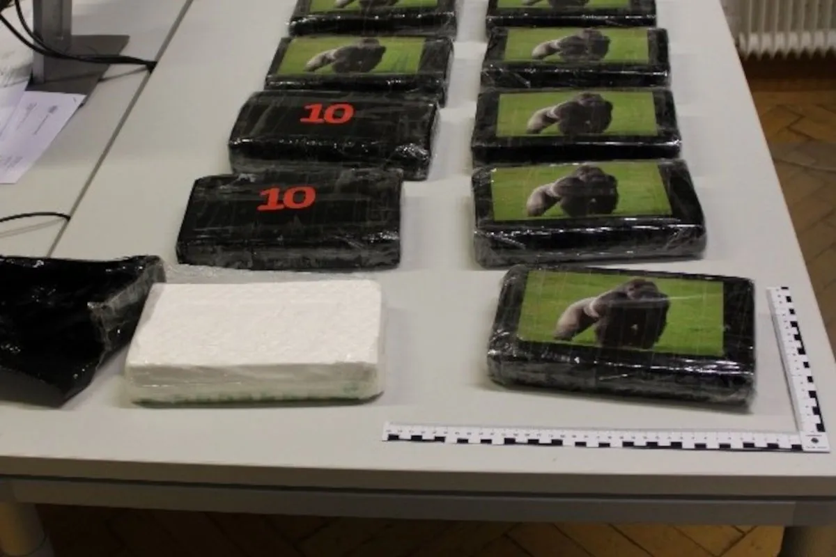 Auf einem Tisch liegen mehrere rechteckige Pakete in Plastikfolie verpackt. Einige zeigen die Zahl 10 oder ein Bild von einem Gorilla.