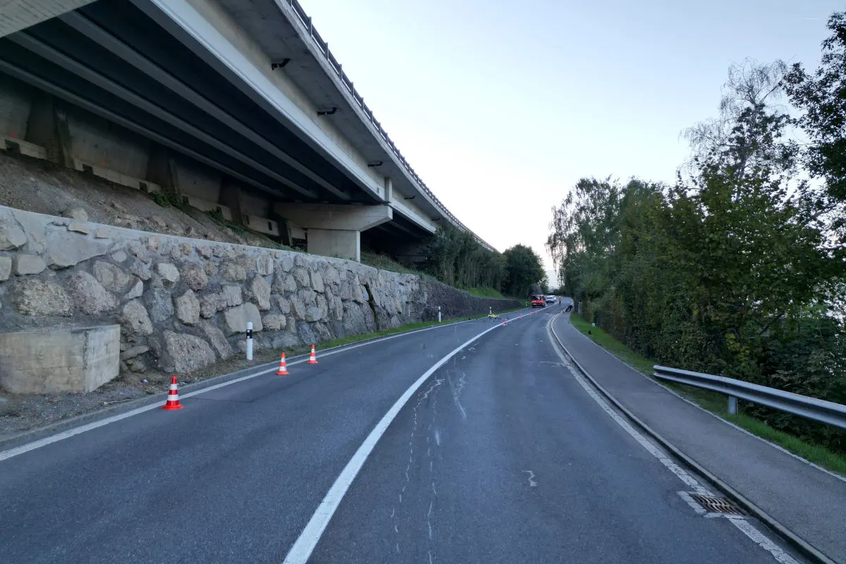 Eine Landstraße führt unter einer Brücke hindurch, einige Verkehrskegel markieren eine Teilsperrung. Im Hintergrund sind Bäume sichtbar.