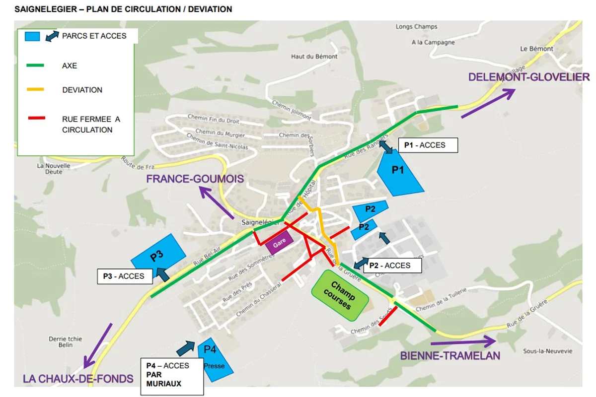 Eine Karte von Saignelégier zeigt die geplanten Umleitungen und Straßensperrungen mit farbigen Linien und Pfeilen.