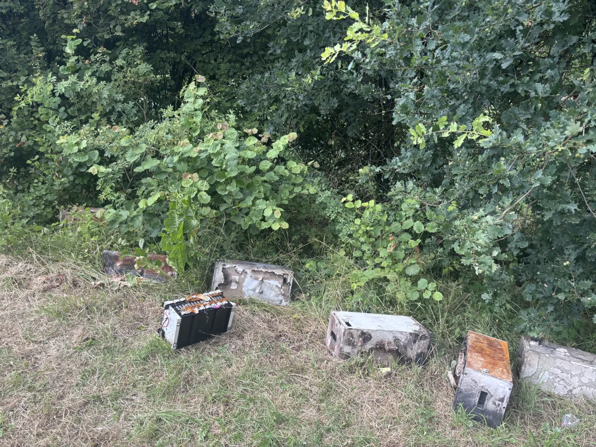 Several damaged batteries are scattered on grassy ground adjacent to dense bushes. The scene suggests illegal dumping in a rural environment.