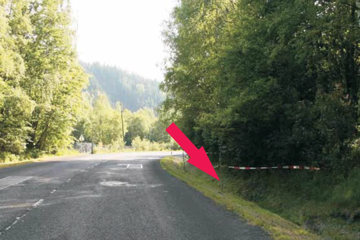 Ein rot-weißes Absperrband ist am Waldrand neben einer leeren Landstraße zu sehen. Der Himmel ist hell und es ist sonnig.