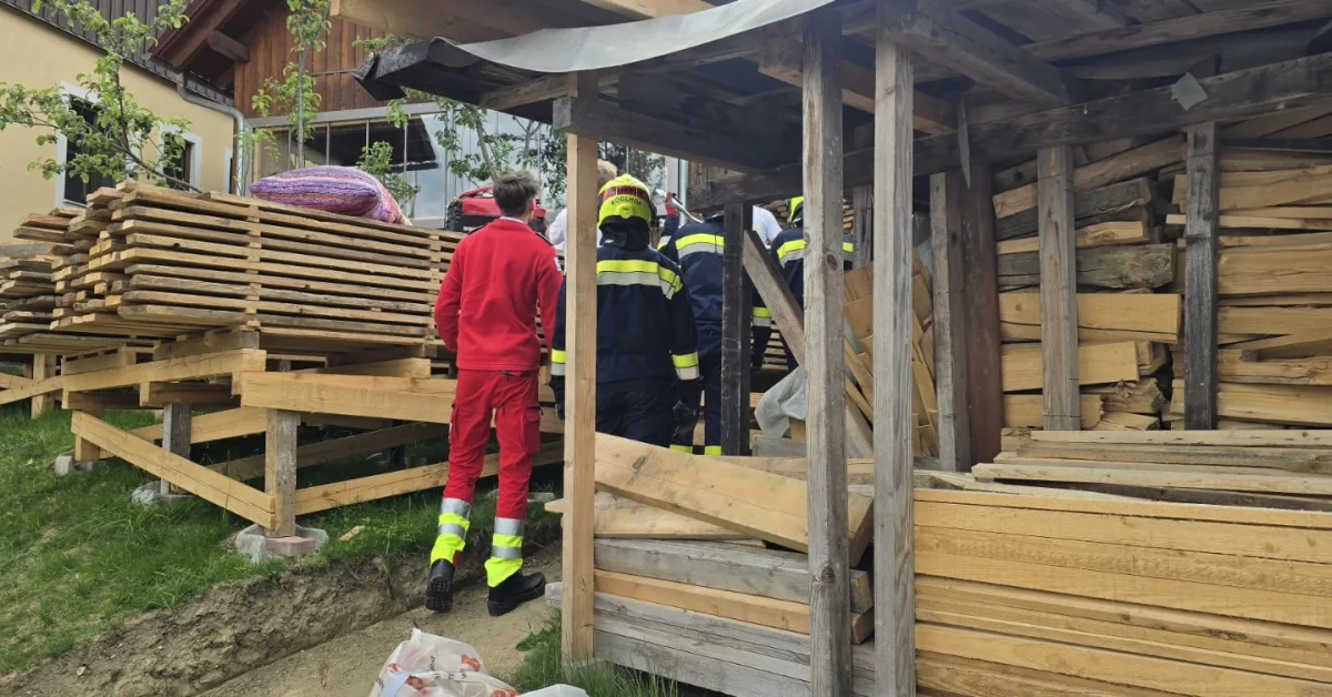 Mehrere Personen in Uniformen stehen neben einem großen Stapel Holzlatten. Die Szene wirkt ruhig und konzentriert.