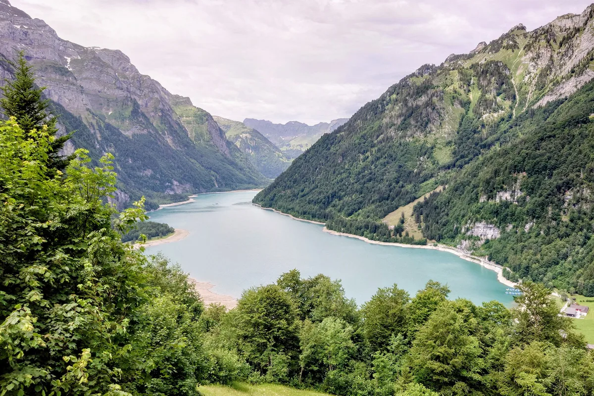 Der Klöntalersee liegt ruhig zwischen bewaldeten Hängen in den Alpen. Im Vordergrund sind grüne Bäume zu sehen.