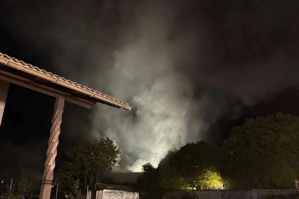 Bei Nacht steigt dichter Rauch über einem Gebäude auf. Bäume umgeben das Gebäude, und der Himmel ist dunkel.
