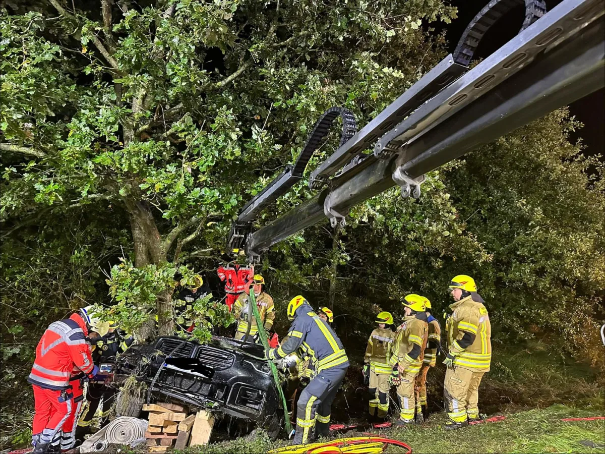 Feuerwehrleute arbeiten bei Nacht an der Bergung eines Autos, das an einem Baum angelehnt im Wald steht. Ein Kran hebt das Fahrzeug an.
