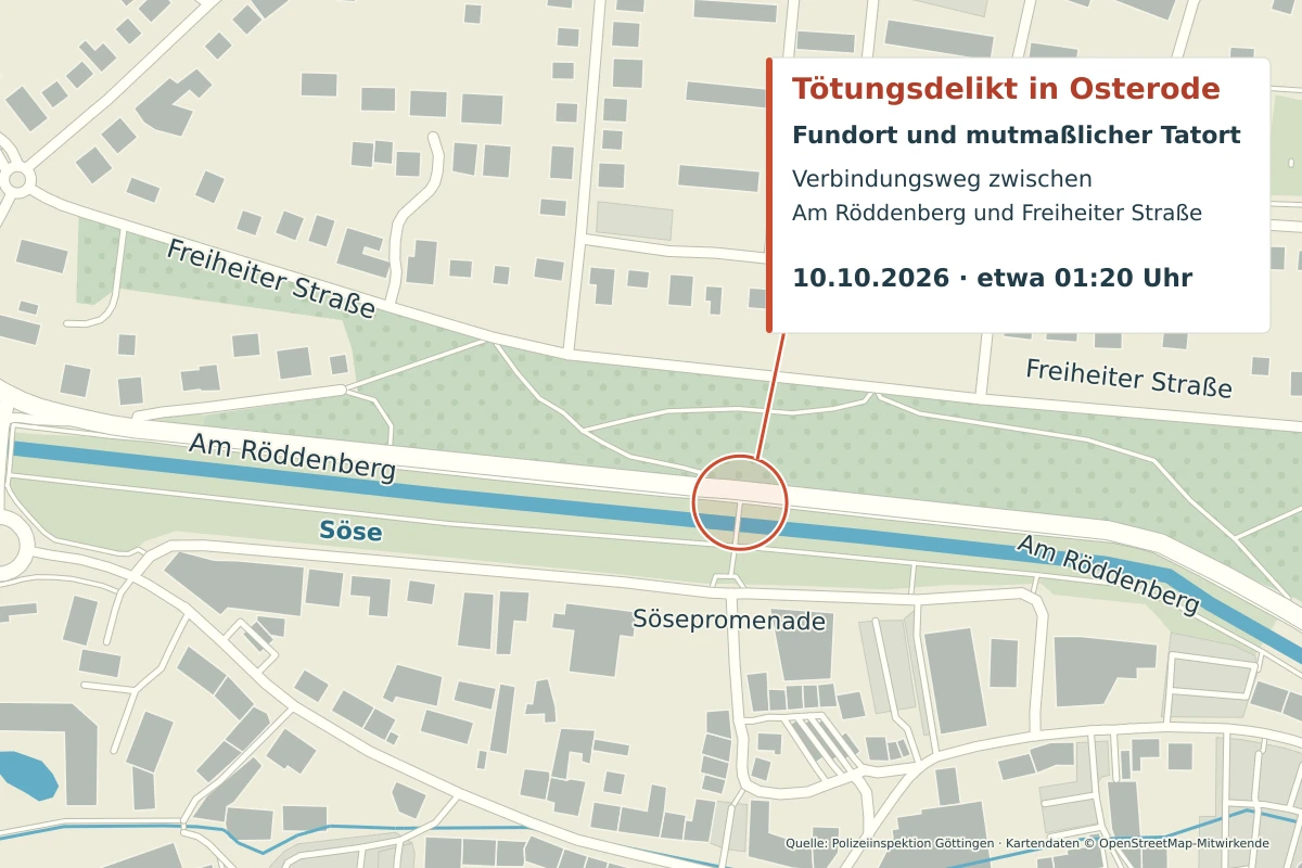 Kartenausschnitt markiert den Verbindungsweg zwischen Am Röddenberg und Freiheiter Straße als Tatort in Osterode.